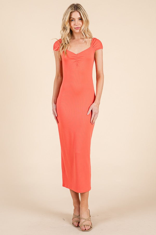 Coral Ribbed Cinched Sleeve Maternity Midi Dress