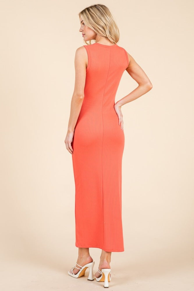 Coral Ribbed Square Neck Sleeveless Maxi Dress