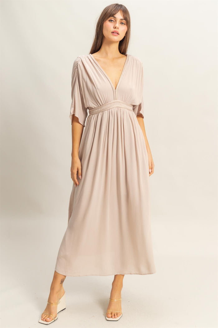 Beige V-Neck Braid Detail Maternity Maxi Dress