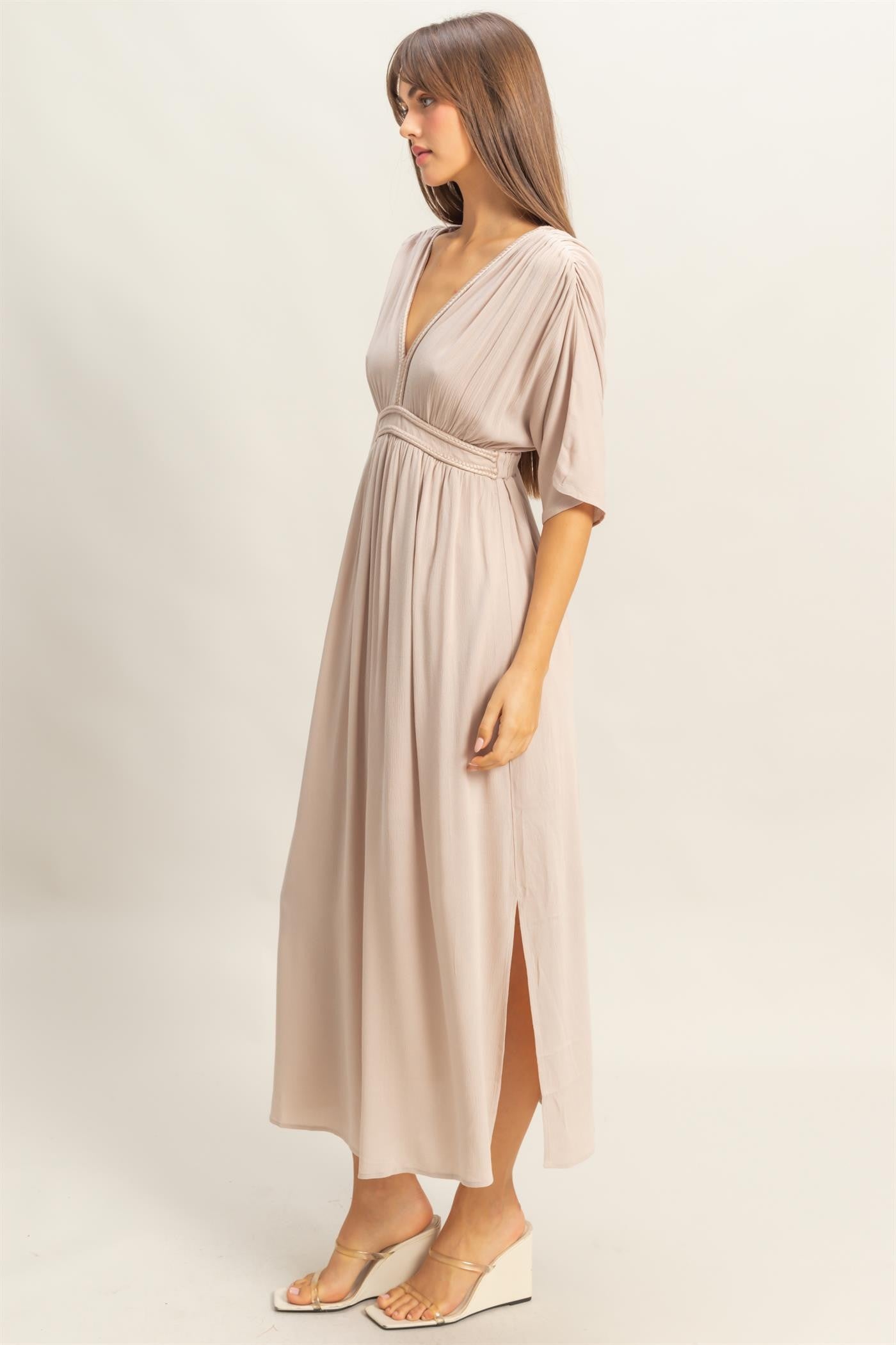 Beige V-Neck Braid Detail Maxi Dress