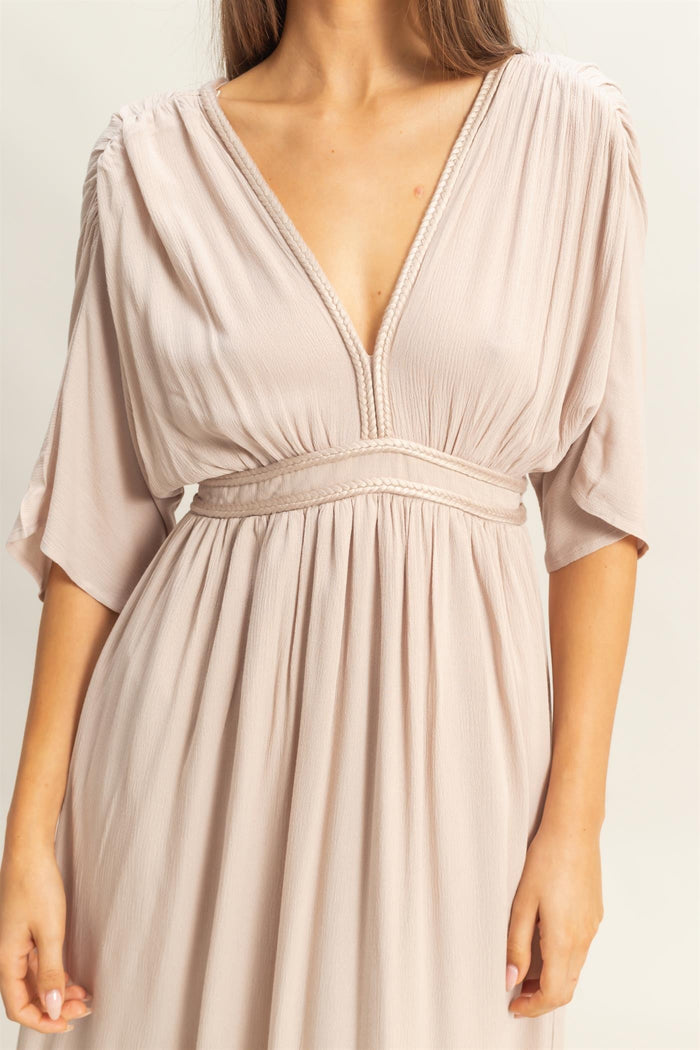 Beige V-Neck Braid Detail Maxi Dress