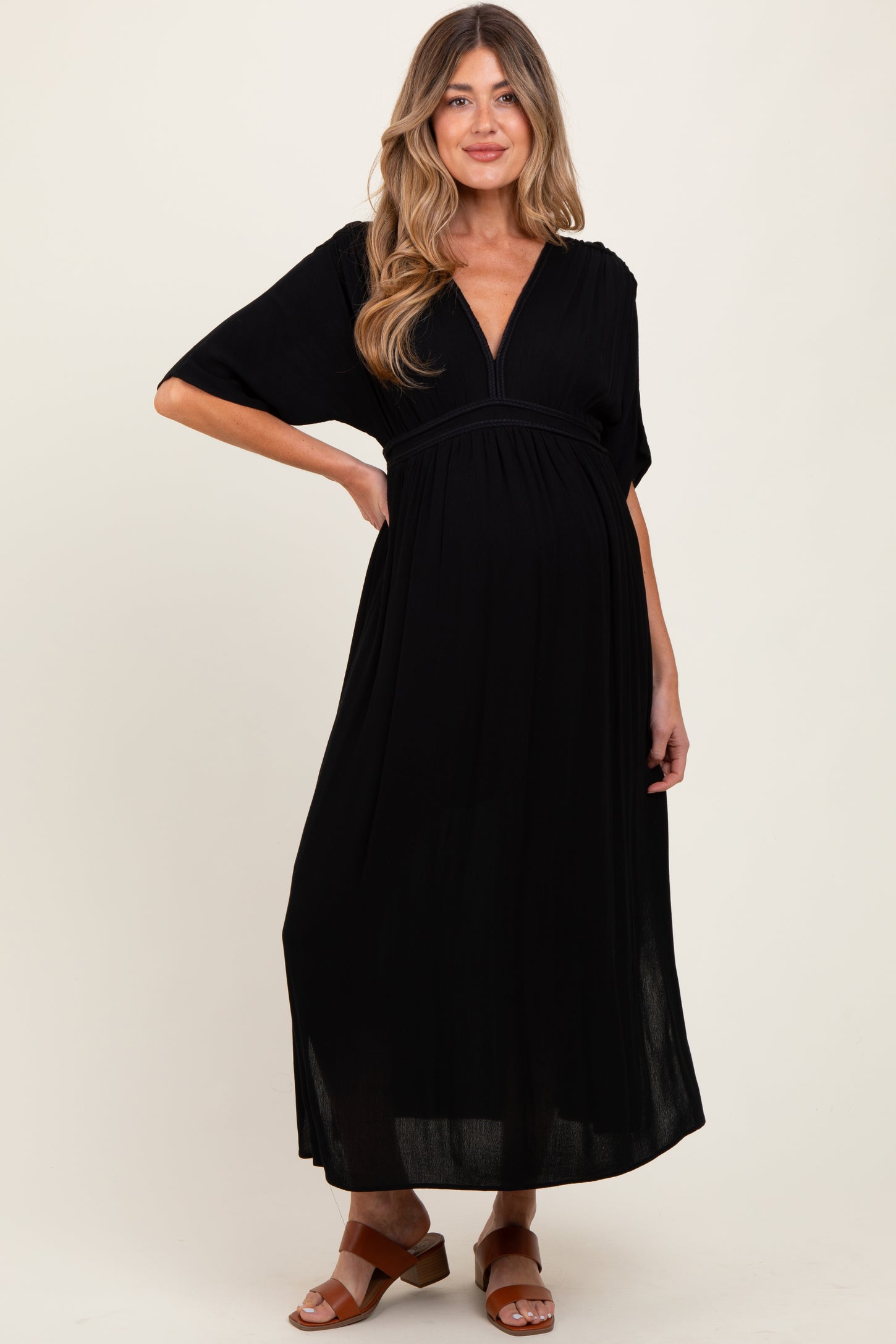 Black V-Neck Braid Detail Maternity Maxi Dress
