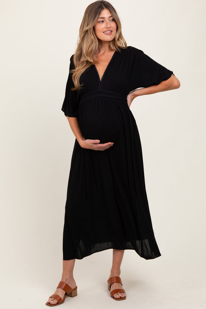 Black V-Neck Braid Detail Maternity Maxi Dress