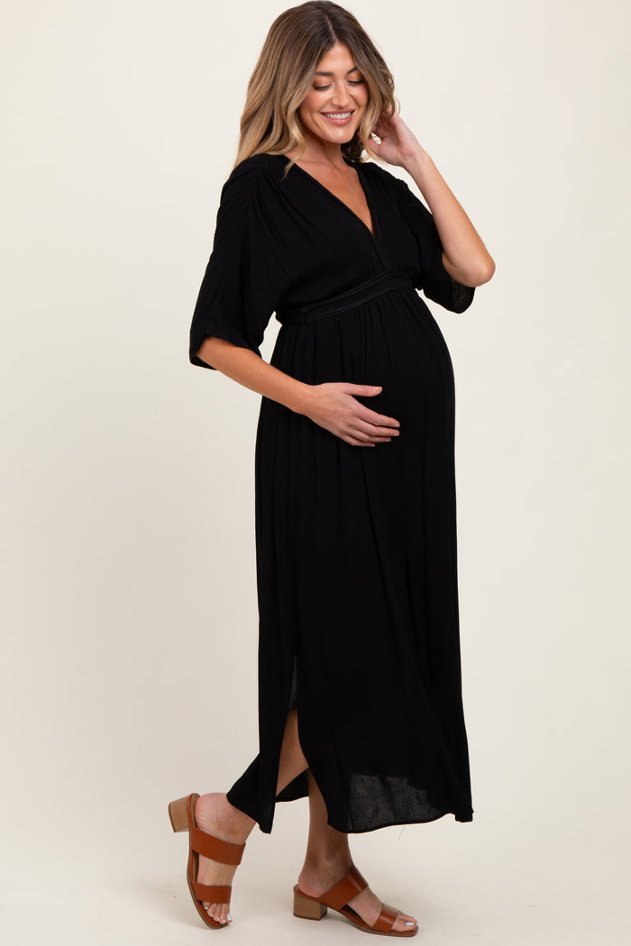 Black V-Neck Braid Detail Maternity Maxi Dress