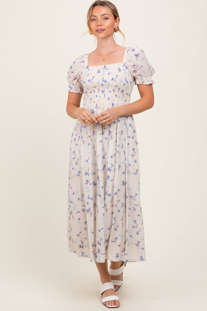 Blue Floral Printed Puff Sleeve Midi Dress