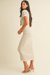 Beige/White Short Sleeve Sweater Knit Rib Midi Dress