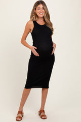 Black Ribbed Sleeveless Maternity Midi Dress