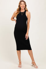 Black Round Neck Bodycon Ribbed Knit Maternity Midi Dress