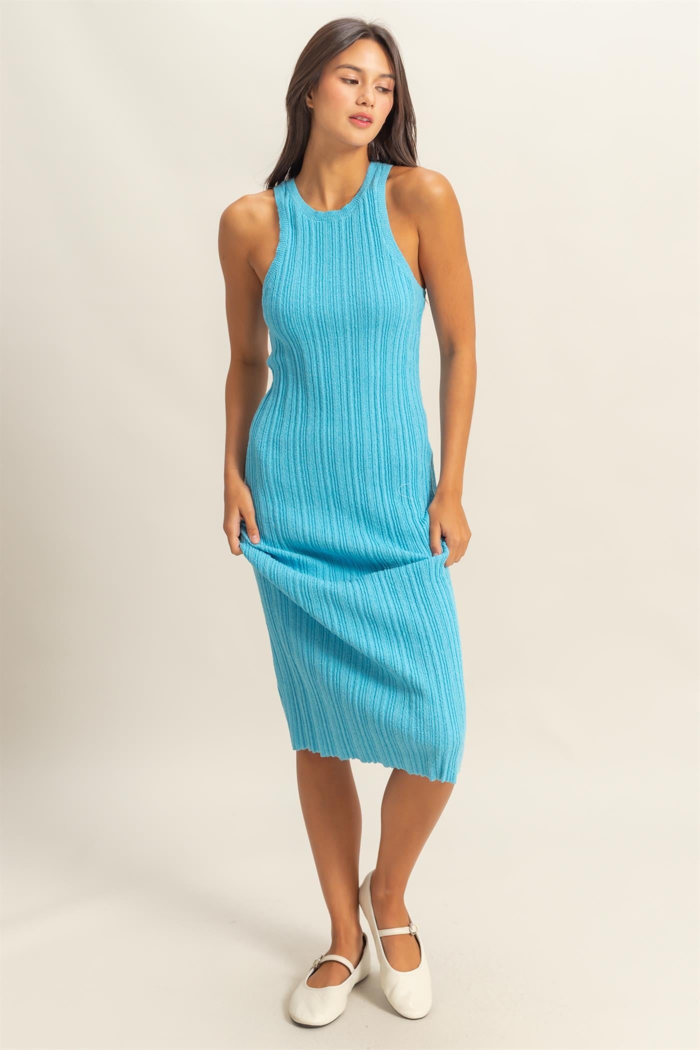 Blue Round Neck Bodycon Ribbed Knit Maternity Midi Dress