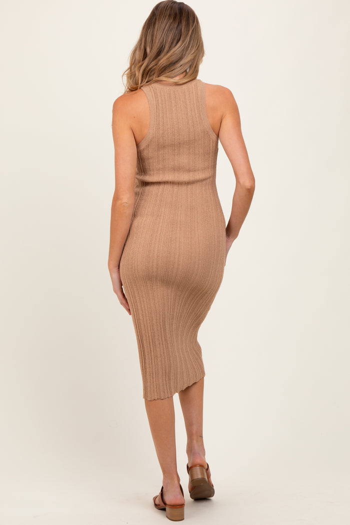 Taupe Round Neck Bodycon Ribbed Knit Maternity Midi Dress