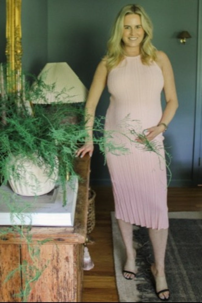 Light Pink Round Neck Bodycon Ribbed Knit Maternity Midi Dress