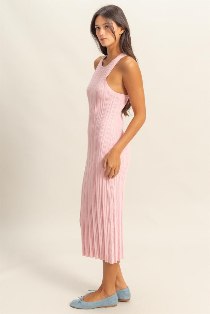 Light Pink Round Neck Bodycon Ribbed Knit Midi Dress