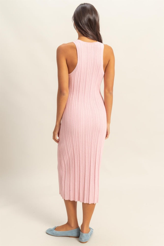 Light Pink Round Neck Bodycon Ribbed Knit Midi Dress