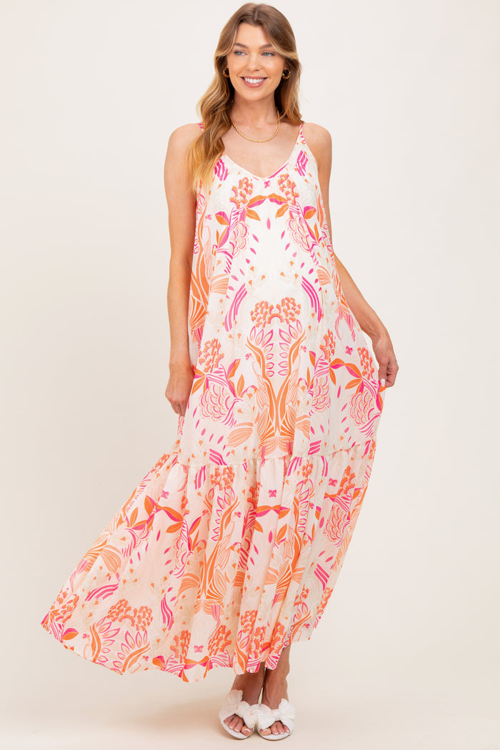 Orange Floral Tie Back Maternity Maxi Dress