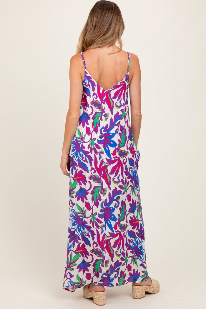 Purple Leaf Print Sleeveless Maternity Maxi Dress