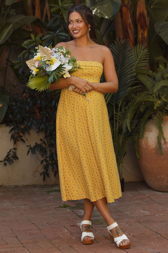 Yellow Lace Strapless Lace Up Back Maternity Midi Dress
