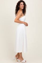 Ivory Lace Strapless Lace Up Back Midi Dress