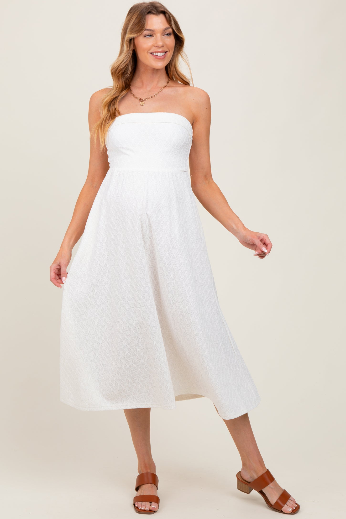 Ivory Lace Strapless Lace Up Back Maternity Midi Dress