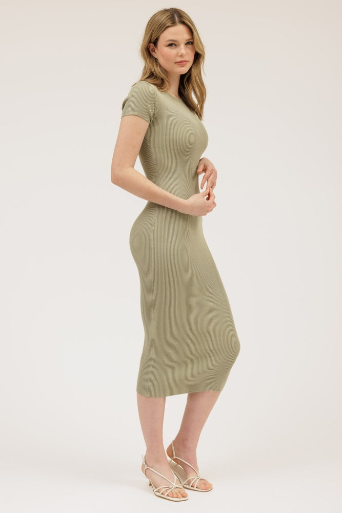 Light Olive Short Sleeve Rib Knit Midi Dress