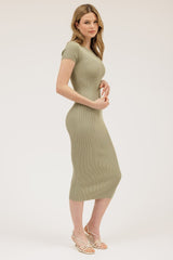 Light Olive Short Sleeve Rib Knit Midi Dress