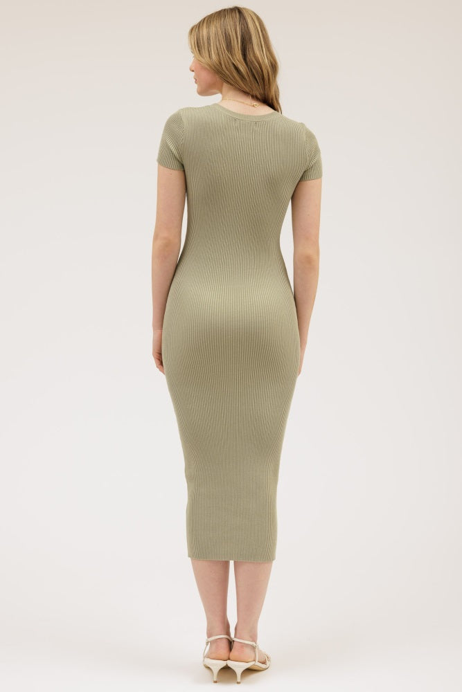 Light Olive Short Sleeve Rib Knit Midi Dress