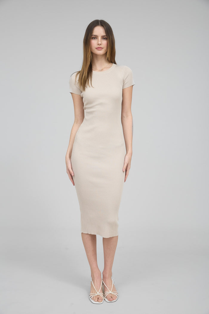 Cream Short Sleeve Rib Knit Midi Dress