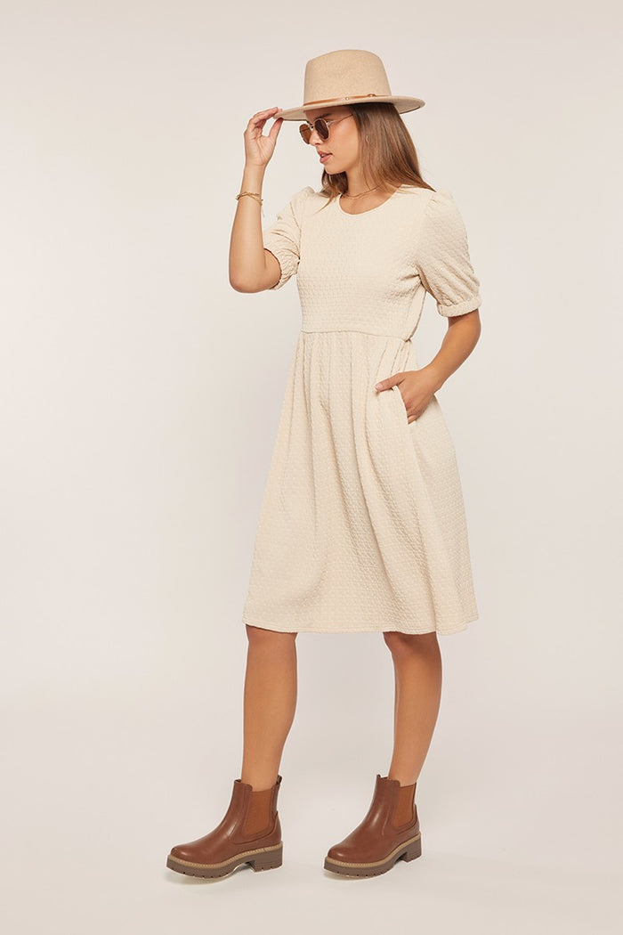 Ivory Textured Knit Puff Sleeve Midi Dress