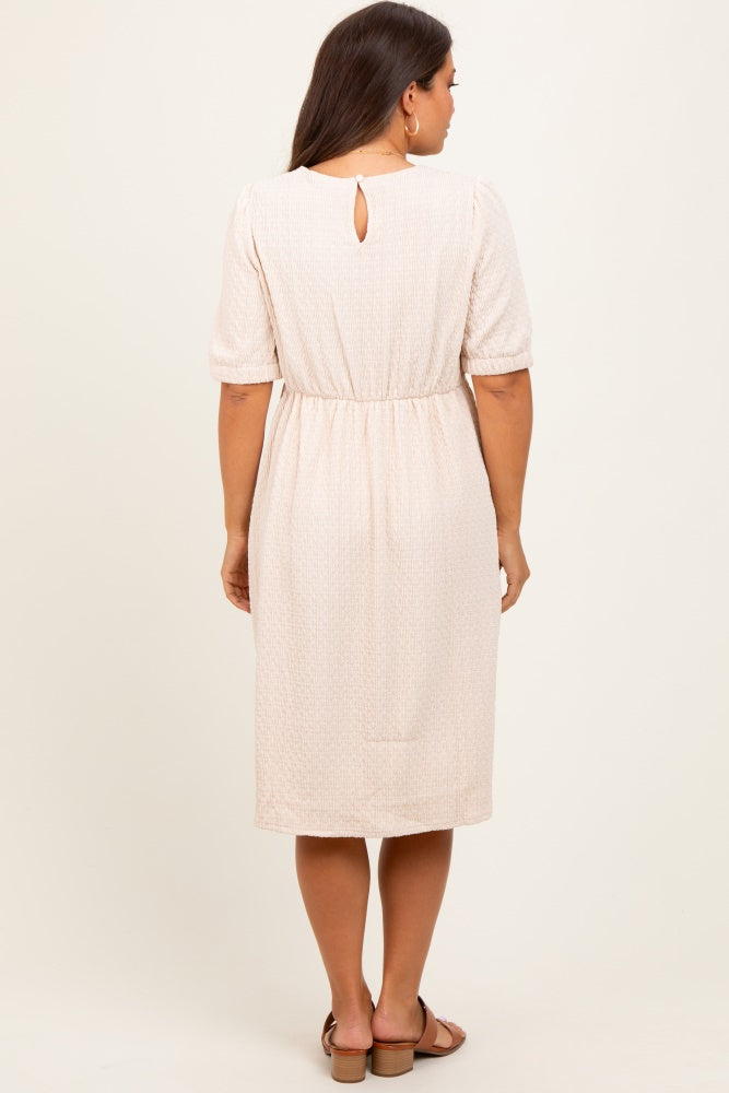 Ivory Textured Knit Puff Sleeve Maternity Midi Dress