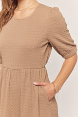 Taupe Textured Knit Puff Sleeve Midi Dress