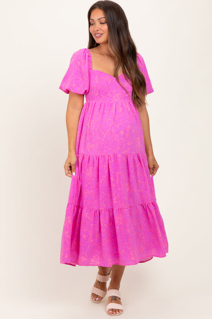 Pink Printed Puff Sleeve Tiered Maternity Midi Dress