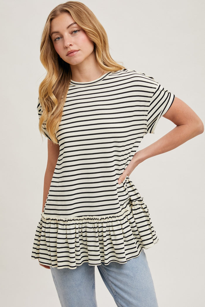 Ivory Striped Ruffle Hem Short Sleeve Top