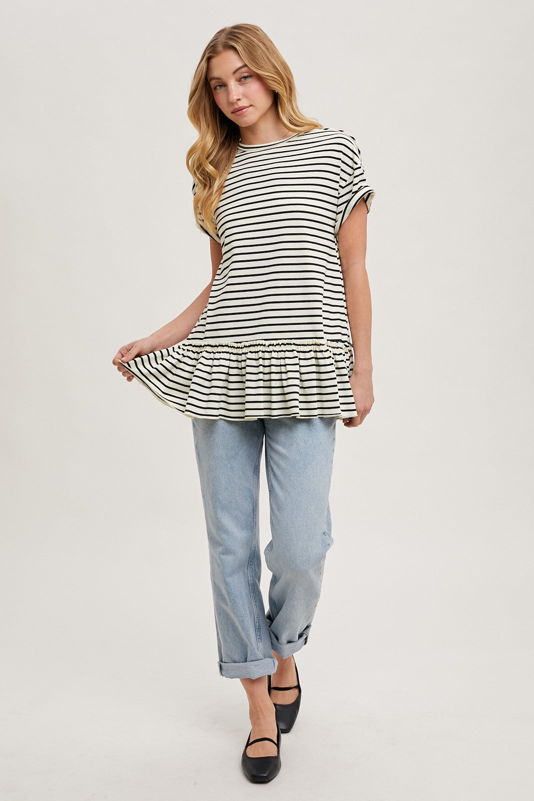 Ivory Striped Ruffle Hem Short Sleeve Top