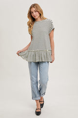 Ivory Striped Ruffle Hem Short Sleeve Top