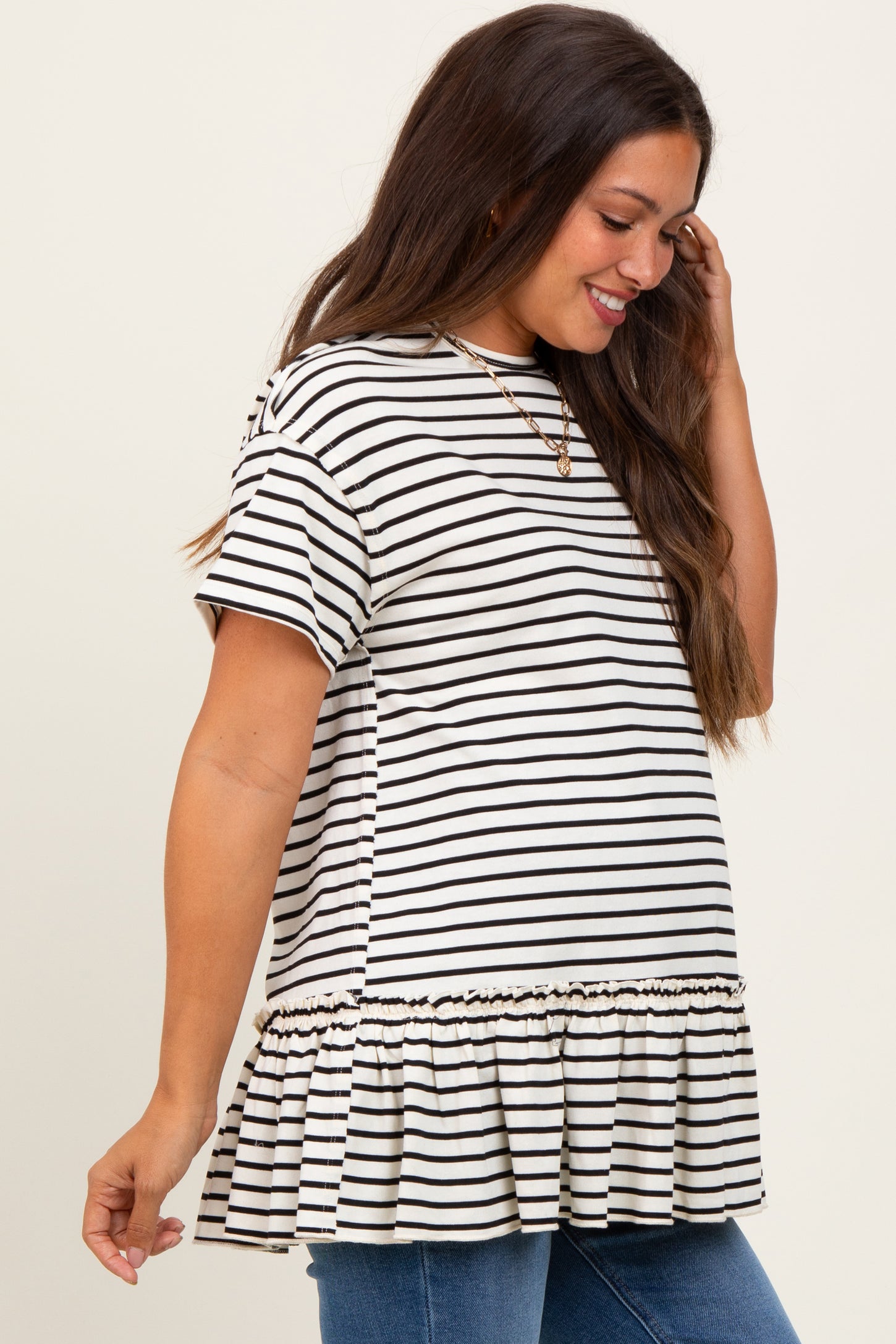 Ivory Striped Ruffle Hem Maternity Short Sleeve Top