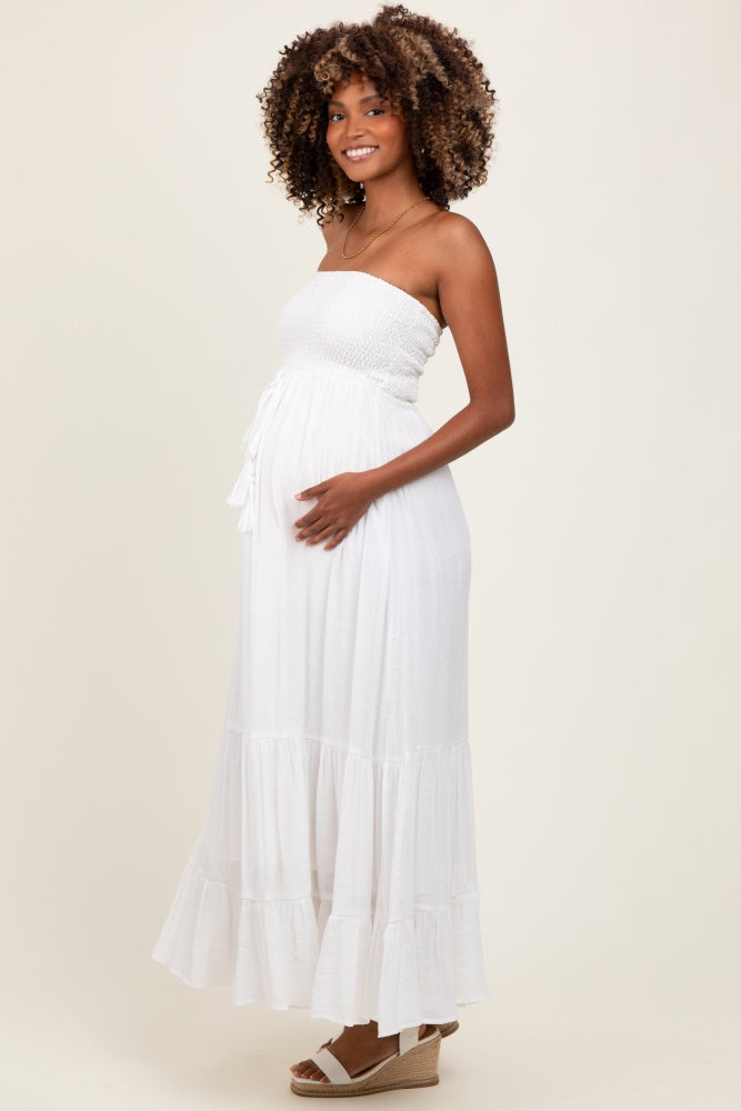 Ivory Smocked Strapless Front Tie Maternity Maxi Dress