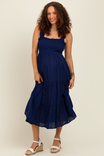 Navy Smocked Ruffle Strap Tiered Maternity Midi Dress