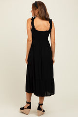 Black Smocked Ruffle Strap Tiered Midi Dress