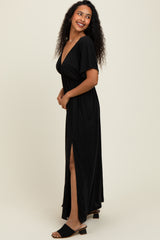 Black V-Neck Flutter Sleeve Side Slit Maxi Dress