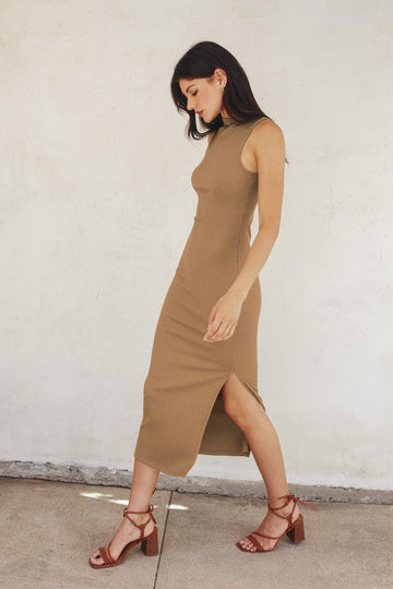 Light Taupe Mock Neck Side Slit Midi Dress