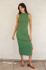 Green Mock Neck Side Slit Maternity Midi Dress