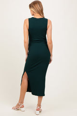 Forest Green Mock Neck Side Slit Maternity Midi Dress