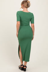 Green Ribbed Short Sleeve Side Slit Midi Dress