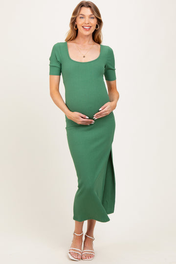 Green Ribbed Short Sleeve Side Slit Maternity Midi Dress