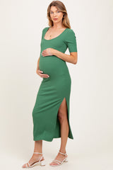 Green Ribbed Short Sleeve Side Slit Maternity Midi Dress