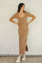 Light Taupe Ribbed Short Sleeve Side Slit Midi Dress