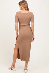 Light Taupe Ribbed Short Sleeve Side Slit Maternity Midi Dress