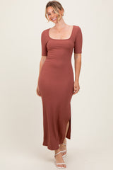 Mauve Ribbed Short Sleeve Side Slit Maternity Midi Dress