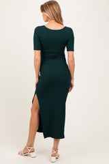 Forest Green Ribbed Short Sleeve Side Slit Maternity Midi Dress