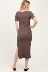 Brown Ribbed Short Sleeve Side Slit Maternity Midi Dress