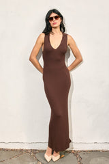 Brown Knit Collared Deep V-Neck Maternity Maxi Dress